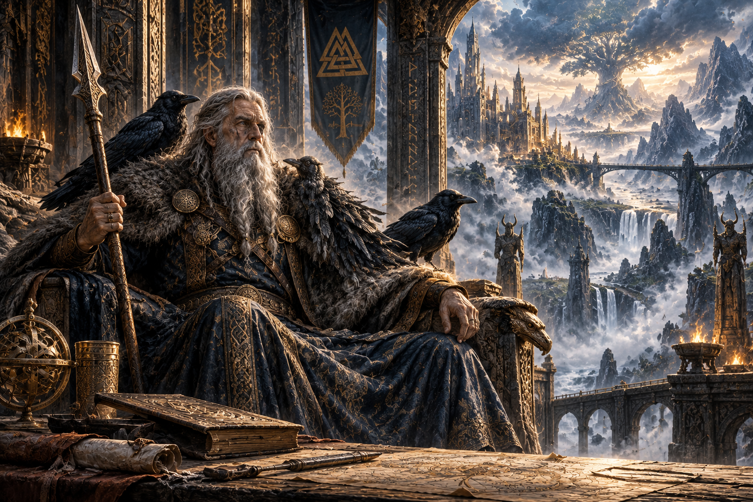 Odin sits in a Norse hall with ravens, overlooking a mist-filled realm.
